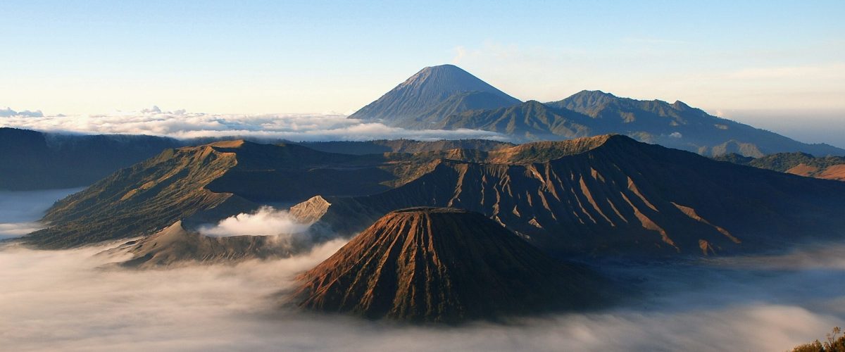 Mount Bromo, one of the most famous landmarks in Indonesia, at sunrise with fog and trees.